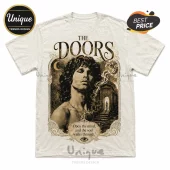 Cream colored crewneck t-shirt featuring a sepia Jim Morrison portrait, The Doors logo, and gothic archway illustration.!