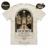 Off-white crewneck t-shirt featuring a vintage poster graphic of The Doors, black gothic archway, clouds, and text.!