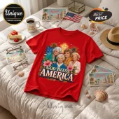 Red cotton crewneck t-shirt featuring The Golden Girls characters, American flag, cross, and God Bless America text graphic.!