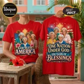 Red graphic t-shirt featuring The Golden Girls, an American flag, fireworks, a gold cross, and patriotic text.!