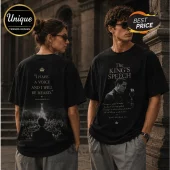 Black cotton t-shirt featuring King George VI graphics, historical quote, and a portrait in front of a microphone.!