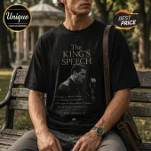 Black cotton t-shirt featuring The King's Speech film graphic, King George VI portrait, and quote in vintage typography.!