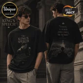 Black oversized graphic t-shirt featuring King George VI, vintage microphone, and quote about courage on front and back.!