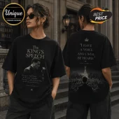 Black cotton t-shirt featuring King George VI graphic, microphone, and The King's Speech quote on front and back.!