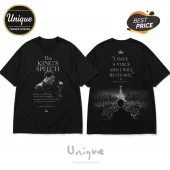 Black cotton t-shirt featuring King George VI graphic, microphone, and historical quotes on front and back.!