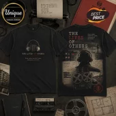 Charcoal cotton t-shirt with The Lives of Others film graphics, headphones, reel-to-reel tape, and German text.!