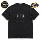 Black vintage-wash cotton t-shirt featuring headphones, a recording console, and text reading The Lives of Others.!