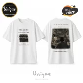White cotton t-shirt with The Lives of Others print. Front shows reel-to-reel recorder, back shows surveillance room scene.!