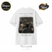 White graphic t-shirt featuring back print of a man listening to radio surveillance equipment with text in black ink.!