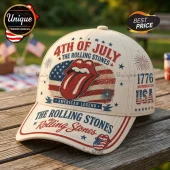 Off-white baseball cap featuring a Rolling Stones tongue logo, American flag motifs, 4th of July text, and 1776 markings.!