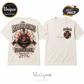 Off-white t-shirt with Rolling Stones Firefighter design, graphic featuring a helmet, crossed axes, and flames.!