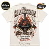 Off-white t-shirt with Rolling Stones tongue logo, firefighter helmet, flames, and crossed axes graphic print.!