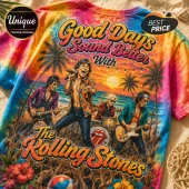 Tie-dye t-shirt featuring The Rolling Stones performing on a beach stage with sunset, palm trees, and beach ball graphics.!