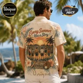 Man wearing tan Hawaiian shirt with The Sandlot movie print, featuring six boys at a fence, sunset, and baseball gear.!