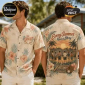 Beige button-down shirt with The Sandlot movie graphic featuring children, baseball gear, sunset, and tropical floral print.!