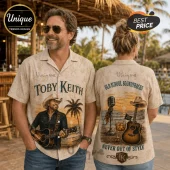 Beige button-down shirt featuring Toby Keith portrait with guitar, sunset beach graphics, and Old School Soundtracks text.!