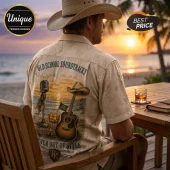 Man wearing a cream button-down shirt with Old School Soundtracks, guitar, microphone, and Toby Keith text print at sunset.!