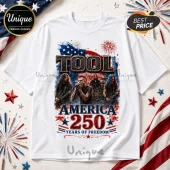 White cotton t-shirt featuring the band Tool, an American flag background, fireworks, and text reading America 250 Years.!