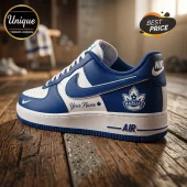 Custom blue and white leather sneaker featuring a Toronto Marlies hockey logo and personalized name space on the side.!
