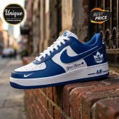 Custom Toronto Marlies Nike Air sneaker in white and blue leather with maple leaf logo, personalized name, and Air branding.!