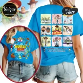 This blue t-shirt features cartoon characters in lab gear with Nurse Story and To Infinity and Beyond text!