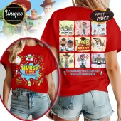 This red cartoon t-shirt features Nurse Story and Lab Story graphics with medical theme illustrations!