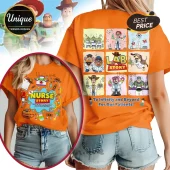 Orange t-shirt featuring Nurse Story Lab Story Toy Story graphics and text To Infinity and Beyond For Our Patients!
