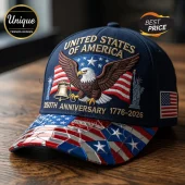 Navy blue baseball cap with embroidered bald eagle, Liberty Bell, Statue of Liberty, and 250th anniversary text on brim.!