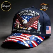 Navy blue baseball cap with embroidered American eagle, Liberty Bell, Statue of Liberty, and mosaic-style flag brim.!