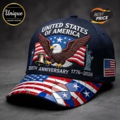 Navy blue baseball cap with embroidered bald eagle, Liberty Bell, Statue of Liberty, and 250th anniversary text on brim.!