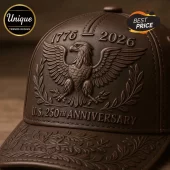 Brown leather baseball cap featuring embossed American eagle, laurel wreaths, and 1776-2026 U.S. 250th anniversary text.!