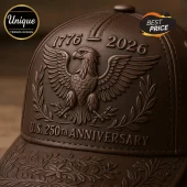 Brown leather baseball cap featuring an embossed American eagle, laurel wreaths, and the text 1776-2026 U.S. 250TH ANNIVERSARY.!