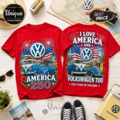 Red cotton t-shirts with front and back VW bus and Beetle graphics, US flag, fireworks, and America 250 text.!