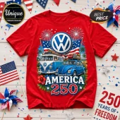 Red cotton t-shirt featuring a vintage blue VW bus, beetle, American flag, fireworks, and America 250 text graphic.!