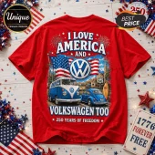 Red cotton t-shirt featuring a vintage blue Volkswagen bus, a blue Beetle, American flags, fireworks, and Route 66 signage.!