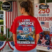 Red cotton t-shirt with I Love America and Volkswagen Too graphic featuring a blue VW bus, Beetle, US flag, and Route 66 sign.!