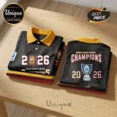 Folded black polo shirts with yellow collars featuring 2026 Super Rugby Pacific Champions graphics and trophy icons.!