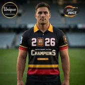 Man wearing black, red, and yellow Chiefs 2026 Super Rugby Pacific Champions polo shirt at a stadium.!