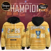 Yellow and black Hurricanes 2026 Super Rugby Pacific Champions hoodie with trophy graphic and team branding on sleeves.!
