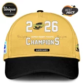 Gold and black baseball cap featuring 2026 Super Rugby Pacific Hurricanes Champions graphics and embroidered logos.!