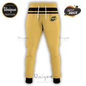 Yellow sweatpants with black waistband, white drawstrings, and Hurricanes rugby team logo printed on the left thigh.!
