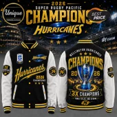Wellington Hurricanes 2026 Super Rugby Pacific Champions varsity jacket in black, white, and yellow with trophy graphics.!