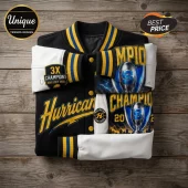 Black and white varsity jacket with yellow and blue stripes, featuring Wellington Hurricanes 3X Champions graphics.!