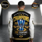 Back of black and white varsity jacket featuring Wellington Hurricanes 2026 Super Rugby champions graphics and logo.!