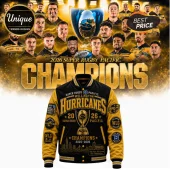 Wellington Hurricanes 2026 Super Rugby Pacific championship varsity jacket with gold embroidery and team graphics.!