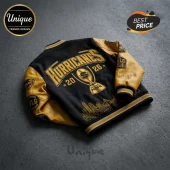 Black and gold Hurricanes rugby varsity jacket with championship trophy embroidery and Wellington skyline graphic on back.!