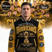 Wellington Hurricanes 2026 Super Rugby Pacific championship varsity jacket with gold and black embroidered patches.!