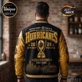Wellington Hurricanes varsity jacket with black wool body, yellow leather sleeves, and Super Rugby Pacific championship art.!