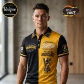Man wearing a yellow and black Wellington Hurricanes rugby polo with Champions 2025-2026 text and trophy graphic.!