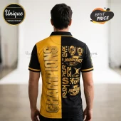 Split black and gold rugby polo shirt with Champions text and Hurricanes team branding on the back.!